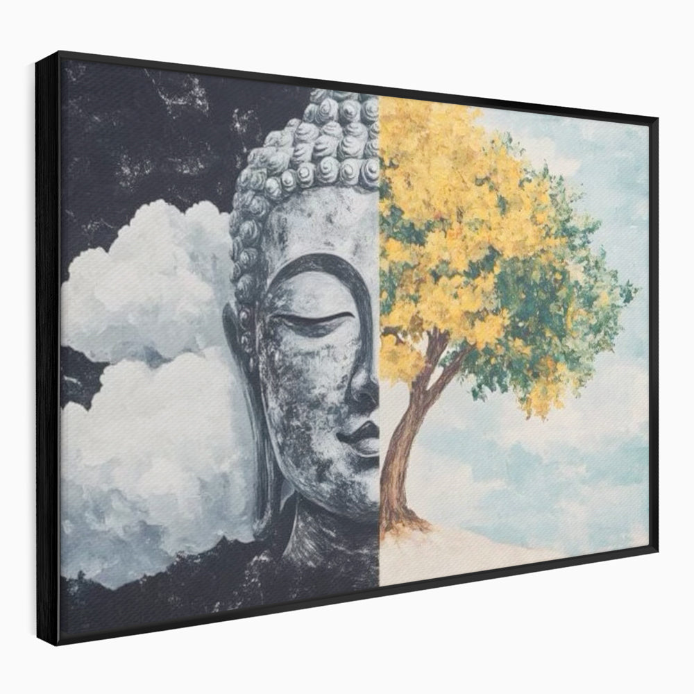 Tablou canvas cu tablou canvas cu buddha si copac, in rama de aluminiu negru